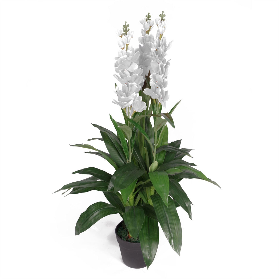 Leaf Kunstpflanze Cymbidium Orchidee, 100 cm, schwarzer Kunststofftopf, weisse Blumen, LEAF-7241 Whi