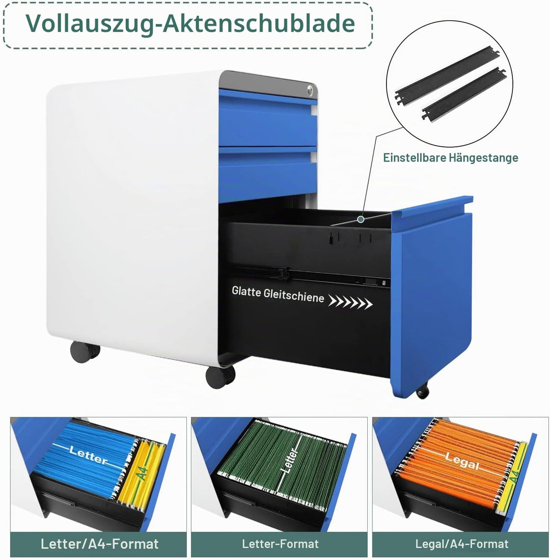 Dripex Metall Rollcontainer Stahl Rollcontainer mit 2 Schubladen und Hängeregistratur Abschliessbare