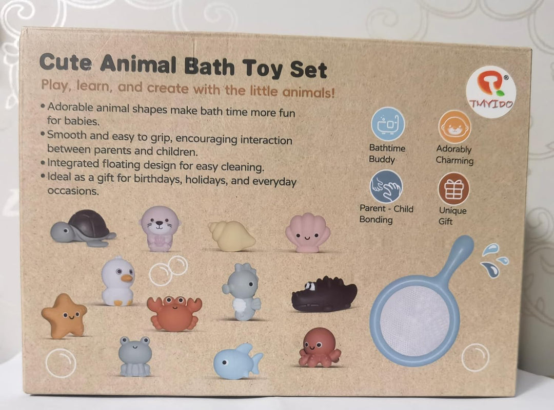 Niedliches Tier-Badespielzeug-Set– 12 Stück Schwimmende Meerestiere aus Weichgummi mit Kescher, Ohne