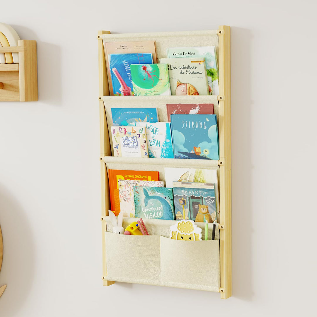Bücherregal Kinder Wand Holz, mit 4 Lagige Taschen Wandregal Bücher Kinder, Montessori Bücherregal f