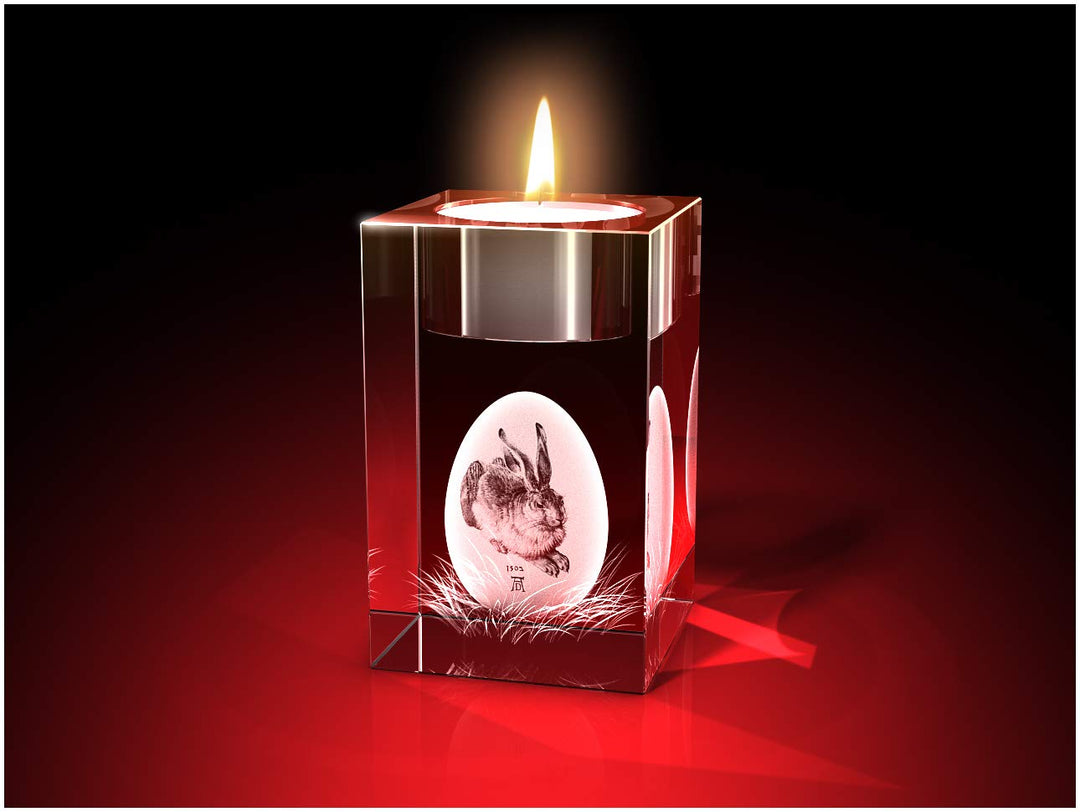 GLASFOTO.COM, Albrecht Dürer Hase Teelicht, 50 x 80 x 50 mm, Kristallglas 3D Innengravur in Premiumq