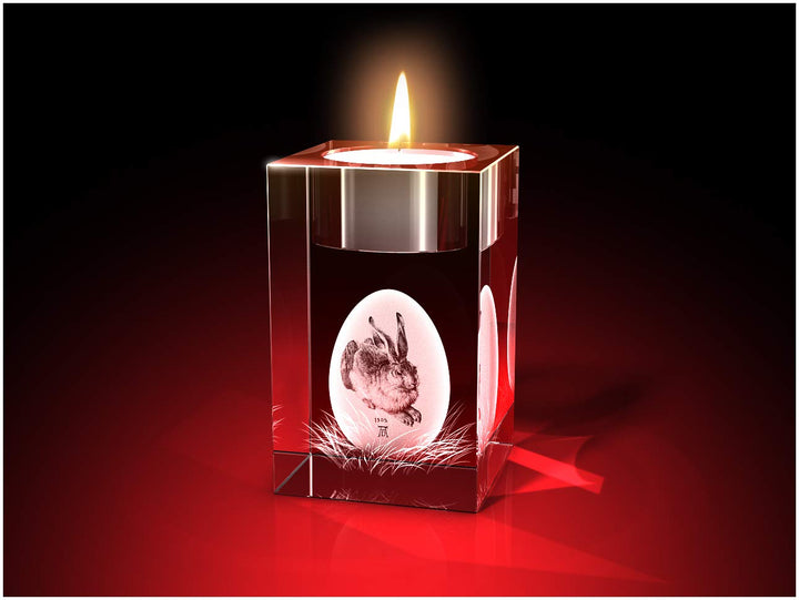 GLASFOTO.COM, Albrecht Dürer Hase Teelicht, 50 x 80 x 50 mm, Kristallglas 3D Innengravur in Premiumq