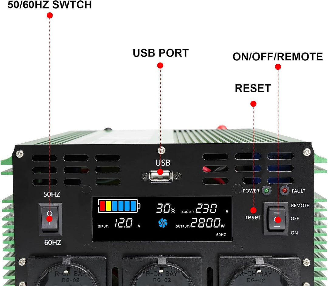 Yinleader 3000W Reine Sinus Wechselrichter DC 12V auf 230V AC Big LCD Display 3 EU Steckdosen und US
