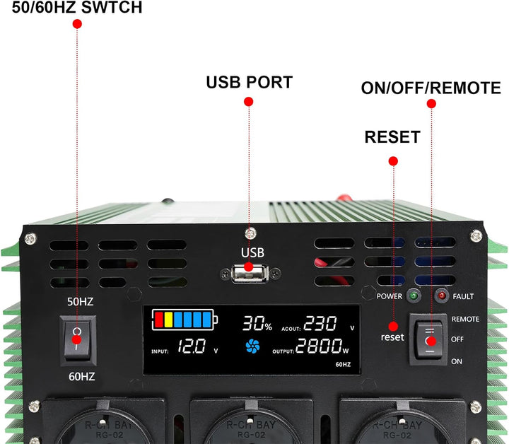 Yinleader 3000W Reine Sinus Wechselrichter DC 12V auf 230V AC Big LCD Display 3 EU Steckdosen und US