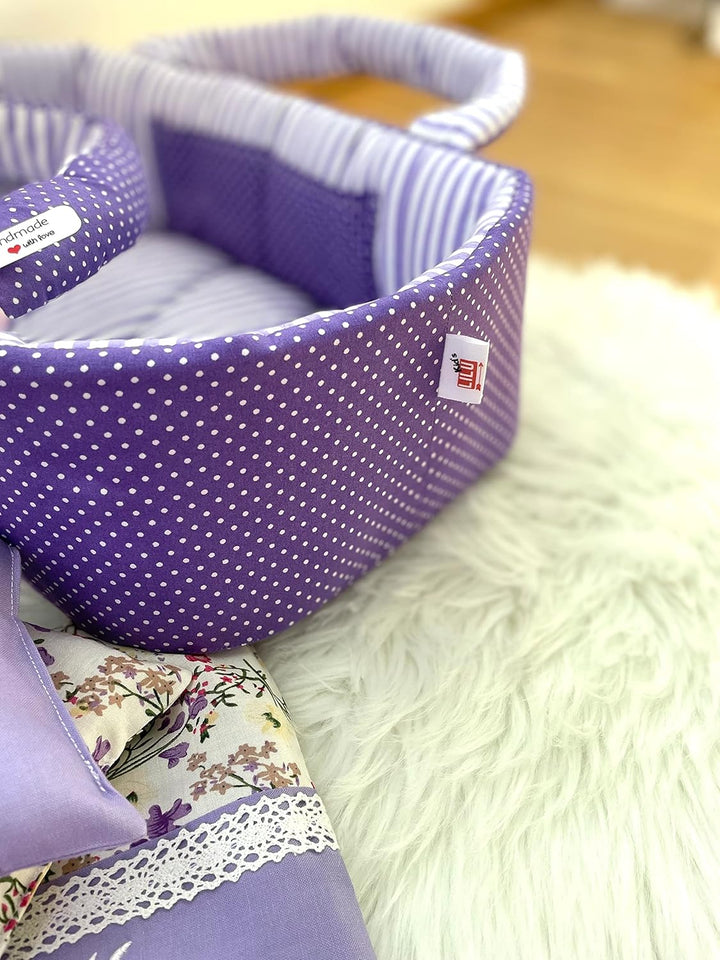 Puppentragetasche für Puppen 50-55 cm mit Bettwäsche, Lila, Personalisierung, Waschbar