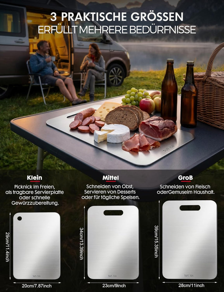 Titan Schneidebrett Set 3 Stück - S316 Edelstahl Schneidebrett, Titanium Cutting Board, Doppelseitig