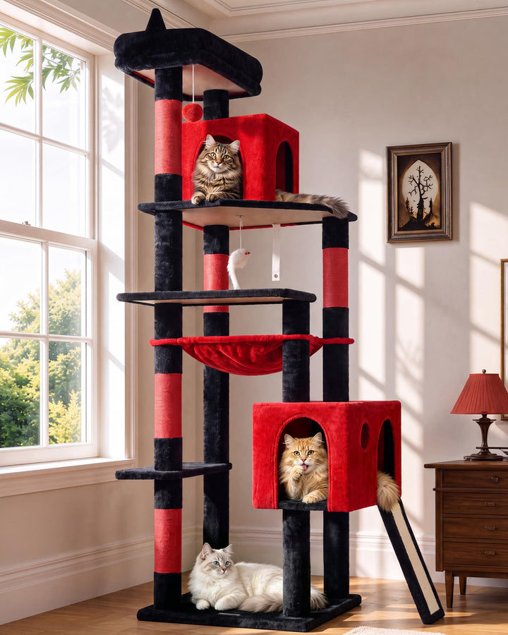 Globlazer Kratzbaum Gotisch Schwarz Rot Grosse hoch 178 cm mit Hängematte Weich, 2 Katzenhaus, Gepol