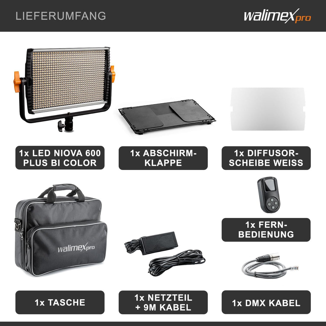 Walimex pro dimmbare LED Flächenleuchte Niova 600 Plus Bi-Color + Akku Slots I Videoleuchte &amp; Fotoli