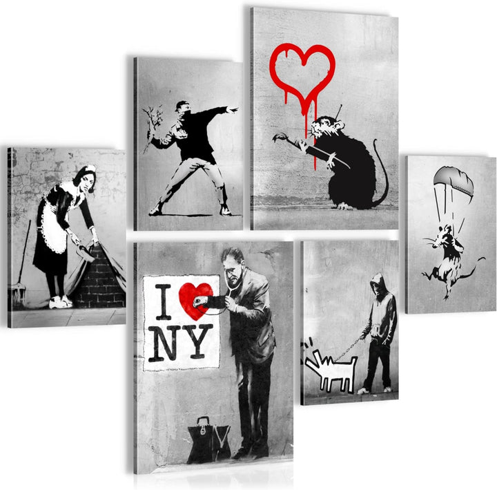 Novart Bilder Set - AUFHÄNGFERTIG - KEIN EXTRA RAHMEN BENÖTIGT - Banksy Collage Modern Street Art -