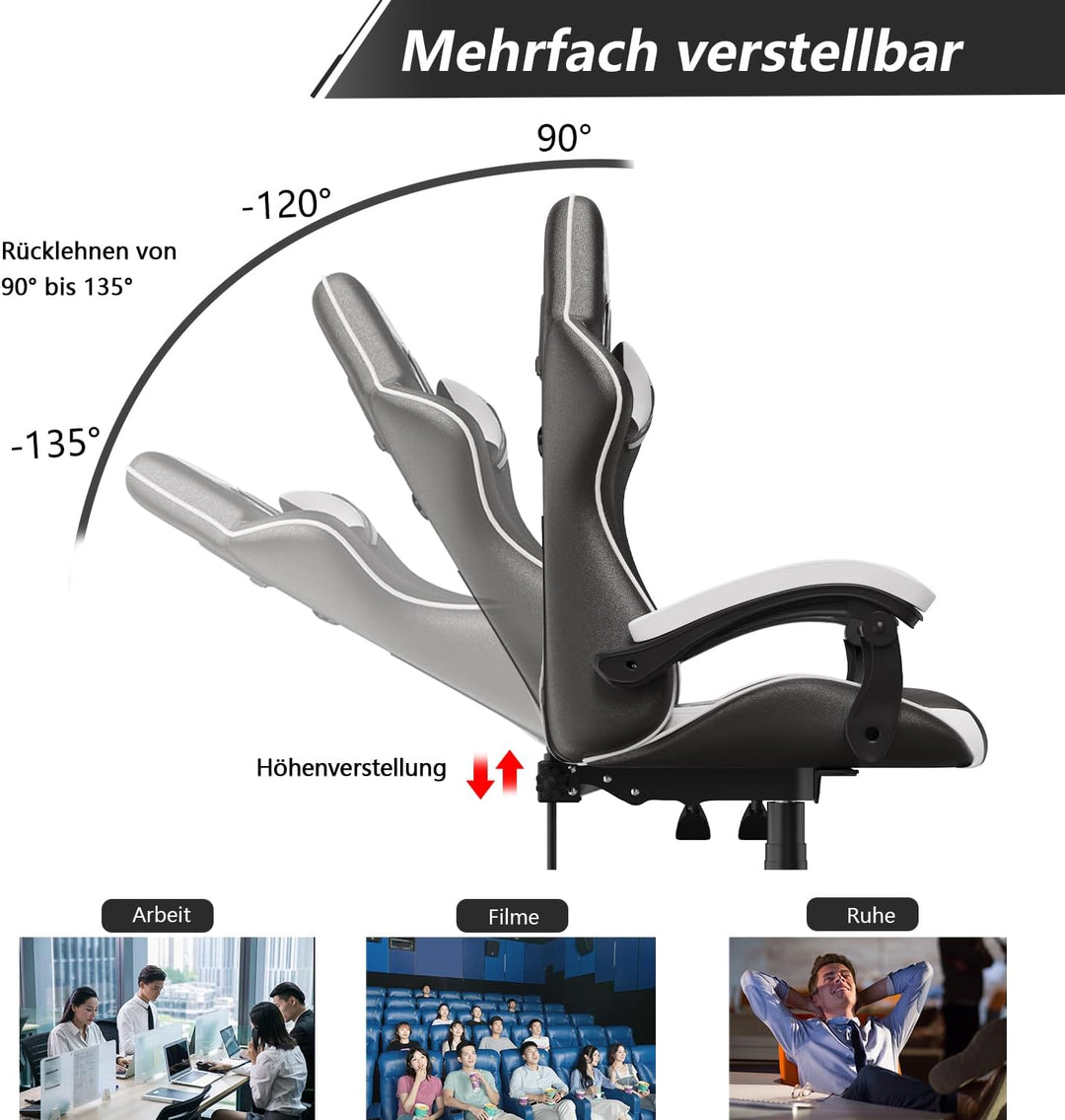 Racingreat Ergonomischer Gaming-Stuhl, Zockersessel mit Kopfstütze und Lendenwirbelstütze, Höhen- un