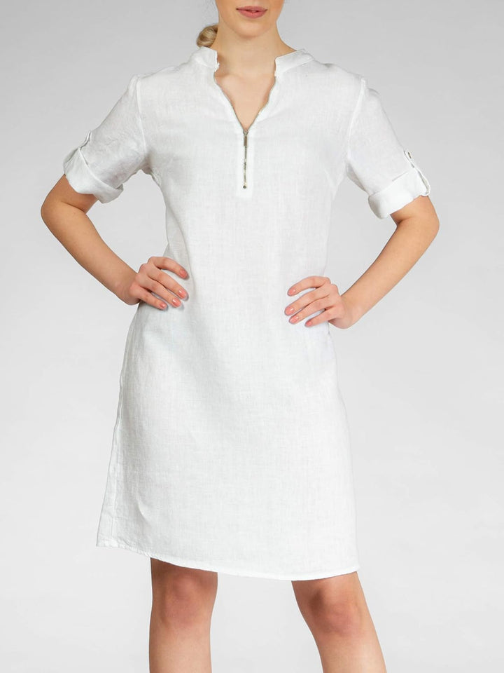 Caspar SKL037 stylisches knielanges Damen Sommer Leinenkleid mit Reissverschluss Ausschnitt 36 Weiss