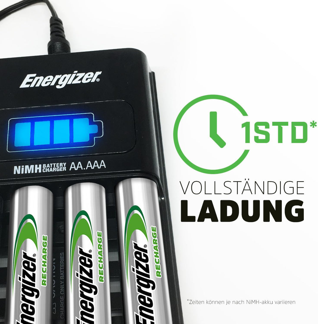 Energizer Batterieladegerät, wiederaufladbare für AA/AAA Batterien, Recharge 1-Hour, 1 Stück AA (4er
