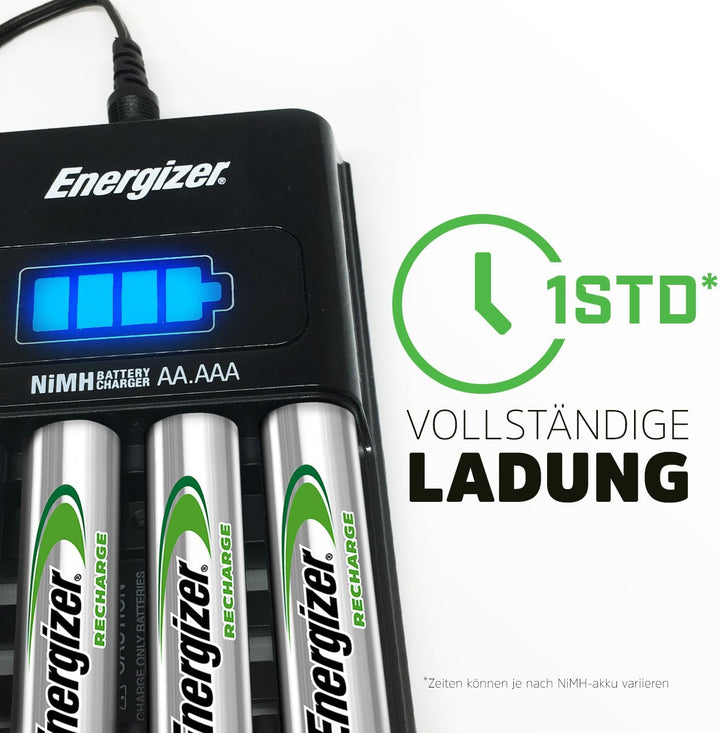Energizer Batterieladegerät, wiederaufladbare für AA/AAA Batterien, Recharge 1-Hour, 1 Stück AA (4er