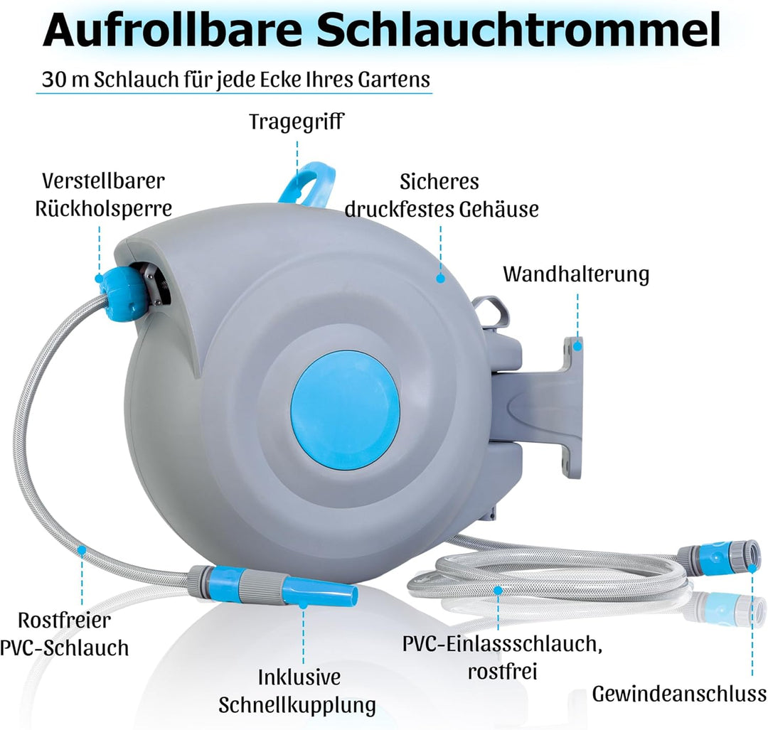 Thanaddo Wand Schlauchtrommel Wand-Schlauchbox 30m, 180° Schwenkbar flexible Bewässerung für grosse