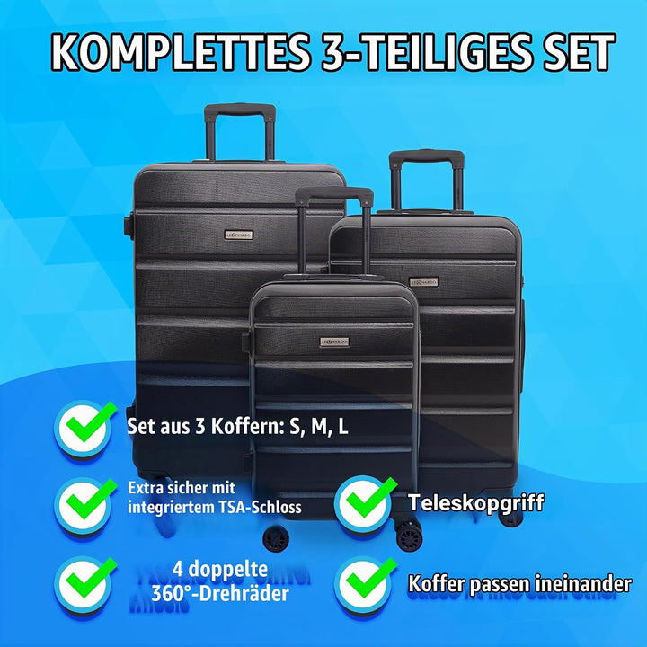 Leonardo® Kofferset 3 teilig | Koffer mit TSA-Schloss | Reisekoffer | Reisetasche mit 4 Doppelten Ro