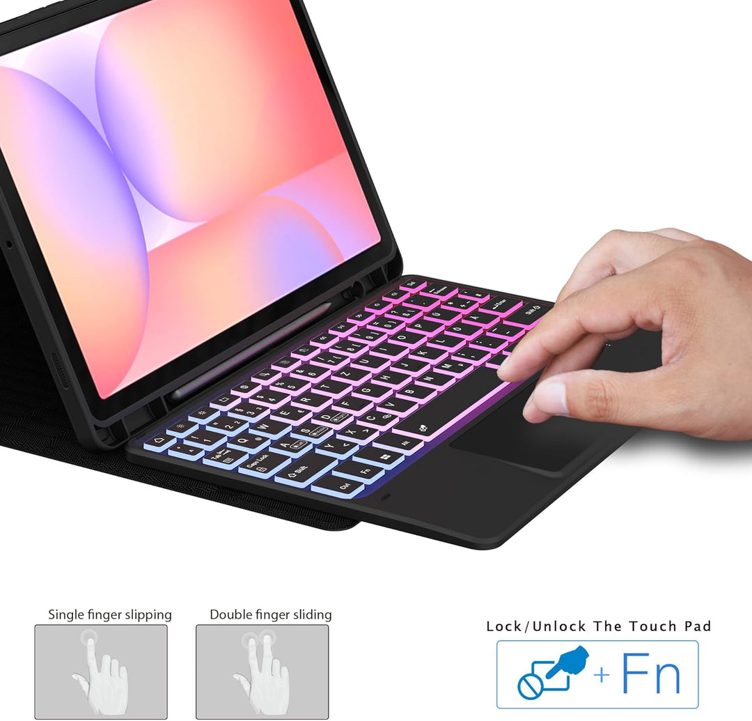ROOFEI Galaxy Tab S9 FE/S9 Hülle mit Tastatur QWERTZ : 3-Zonen-7-Farbige DIY Hintergrundbeleuchtung,