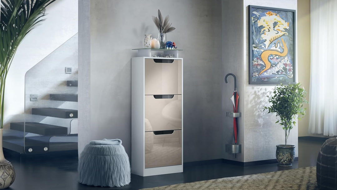 Vladon Schuhschrank Space V2, Schuhkipper für 12 Paar Schuhe mit 3 Klappen und Glasablage, Weiss mat