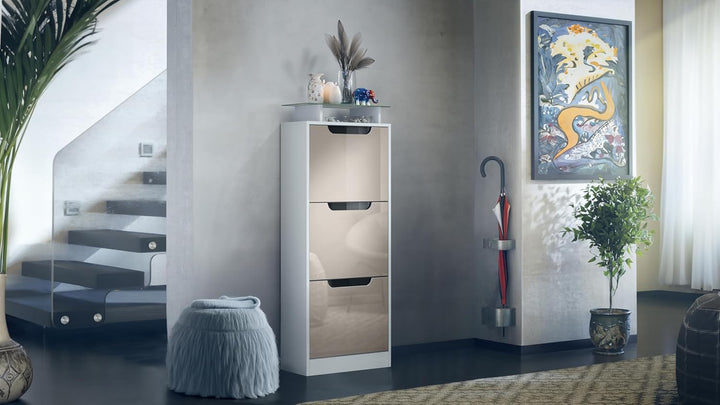 Vladon Schuhschrank Space V2, Schuhkipper für 12 Paar Schuhe mit 3 Klappen und Glasablage, Weiss mat