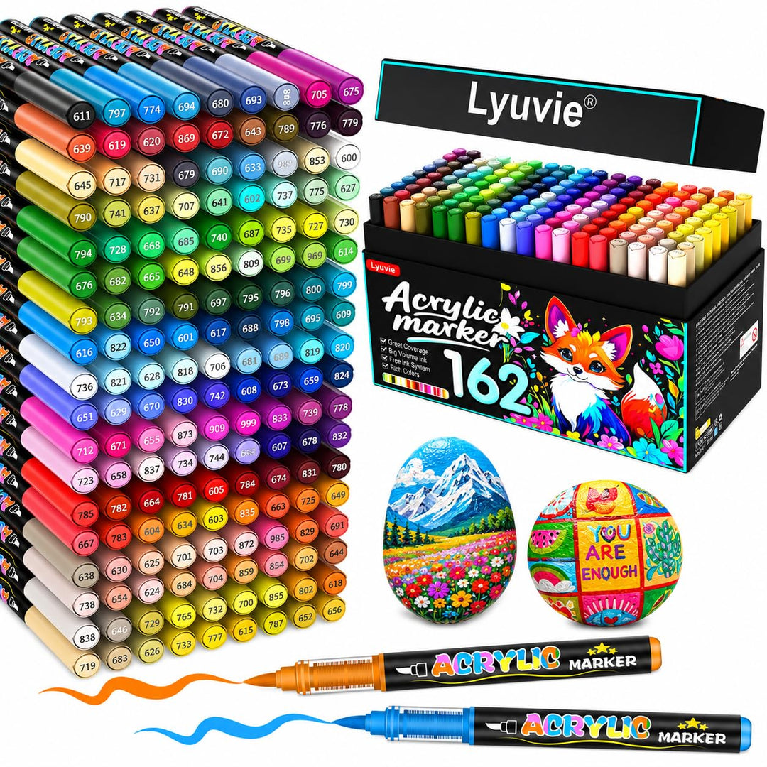 Lyuvie 162 Farben Acrylstifte für Steine WasserfestSet, Permanente Acrylic Paint Brush Marker Acryls