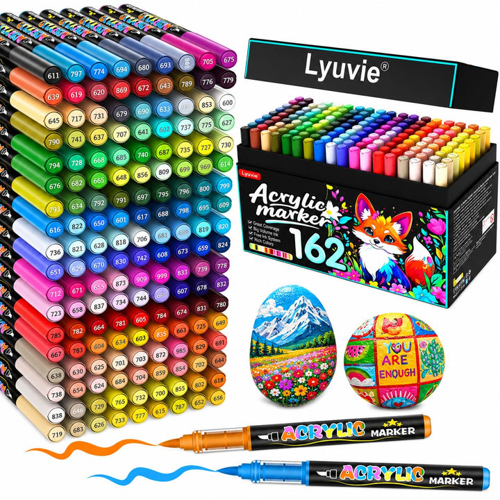 Lyuvie 162 Farben Acrylstifte für Steine WasserfestSet, Permanente Acrylic Paint Brush Marker Acryls