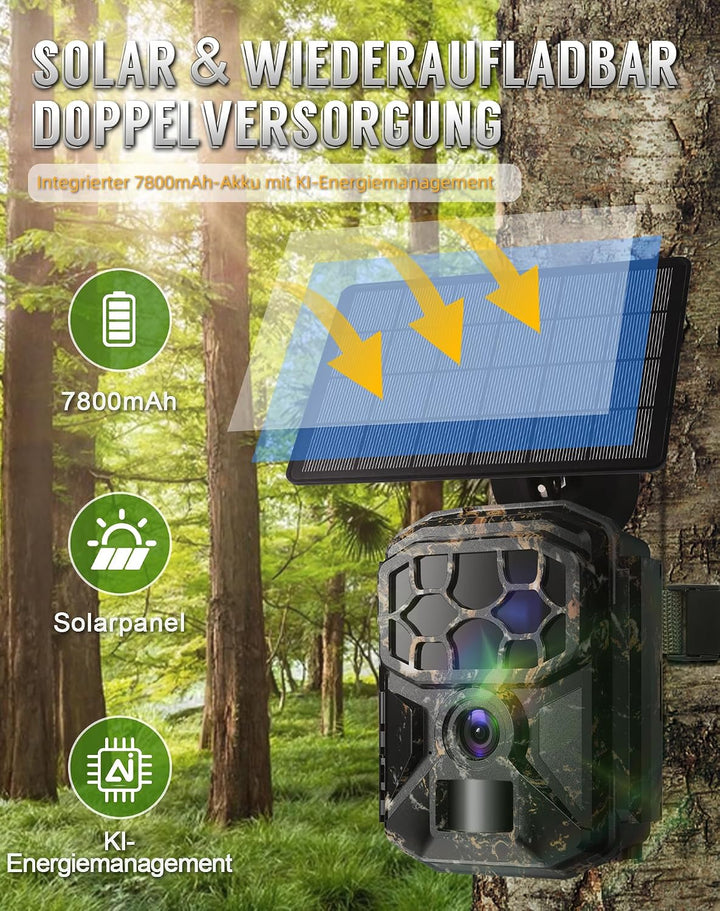 Wildkamera, 8K 60MP Solar Wildkamera mit Handyübertragung App, 7800mAh Akku, Bewegungsmelder 0,1s Au
