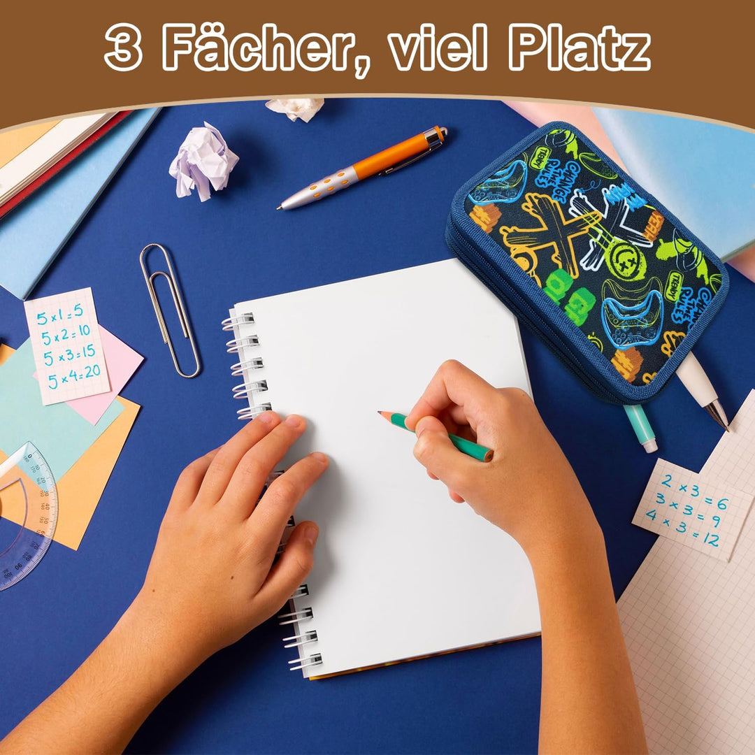 Federmäppchen 3 Fächer, Federmappe Jungen ab 5. Klasse, Federmäppchen mit Inhalt, Schuletui Jungen m
