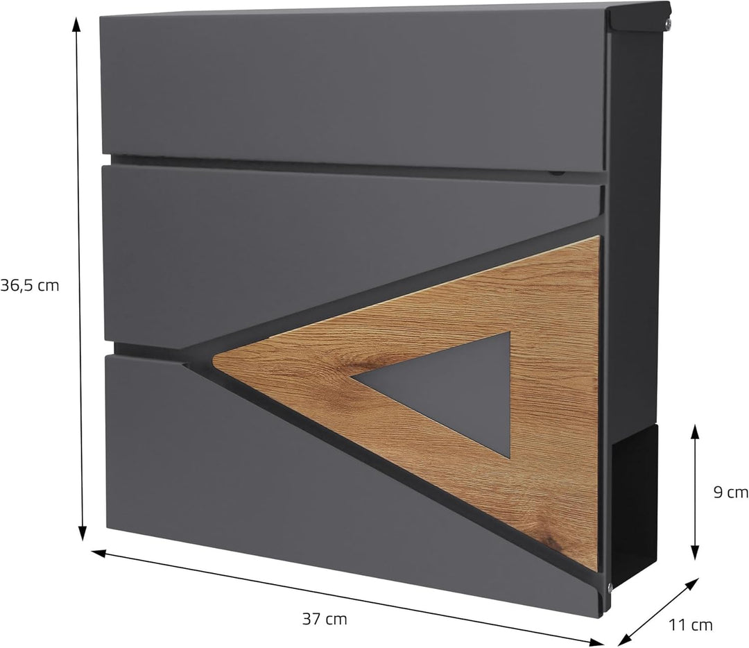 ML-Design Briefkasten 37x36,5x11 cm Anthrazit/Holzoptik aus Stahl, Postkasten mit Zeitungsfach, Absc
