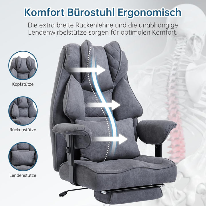 Ergonomischer Bürostuhl 200kg, Chefsessel mit Fussstütze, Schreibtischstuhl mit Lendenkissen, Bequem