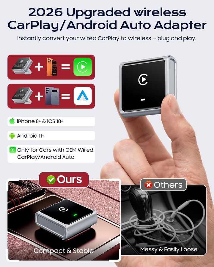 CarPlay Wireless Adapter 2026, verbessertes Aluminiumgehäuse für Apple CarPlay & Android Auto, wande