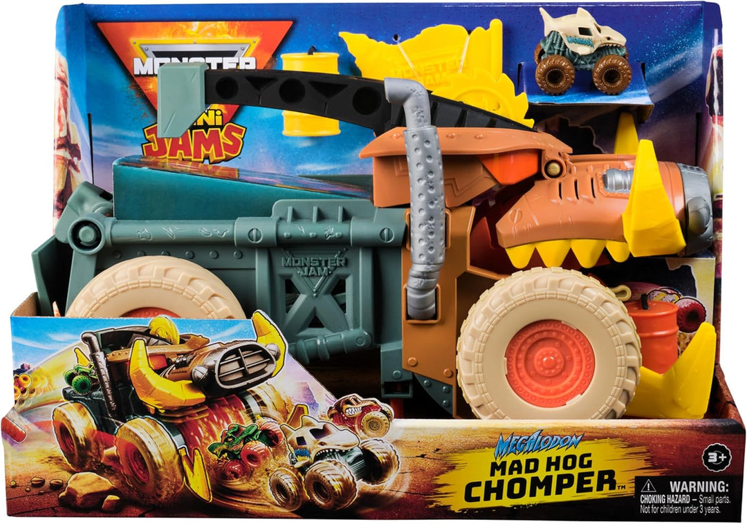 Monster Jam Mini Jam, Megalodon Mad Hog Chomper und Monster Truck, Kreativer Aufräumen und Aufbewahr