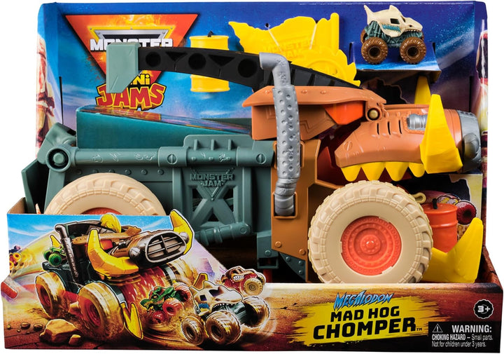 Monster Jam Mini Jam, Megalodon Mad Hog Chomper und Monster Truck, Kreativer Aufräumen und Aufbewahr