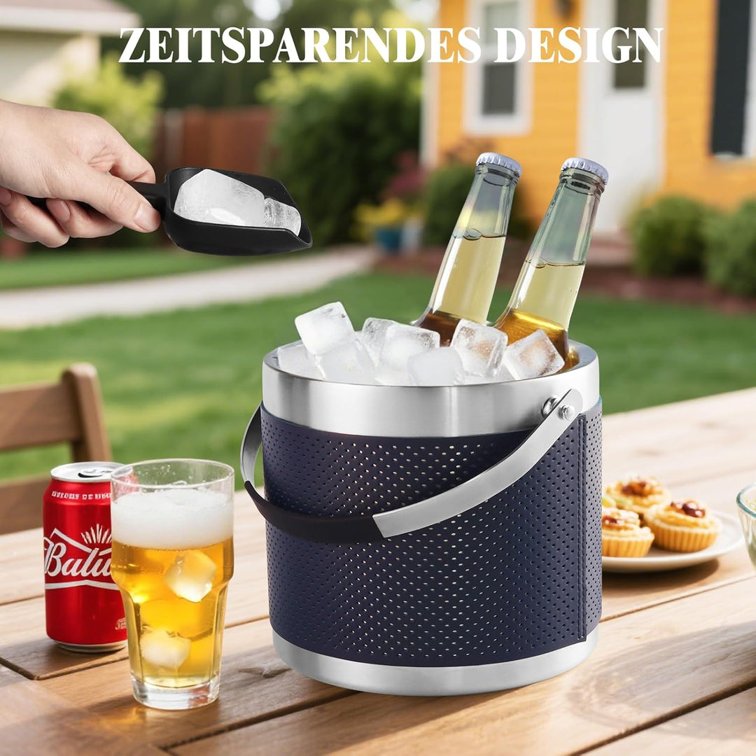 3.2L Eiswürfelbehälter mit Deckel und Schaufel, Upgrade Lederdesign Edelstahl Eiskübel, Doppelwandig