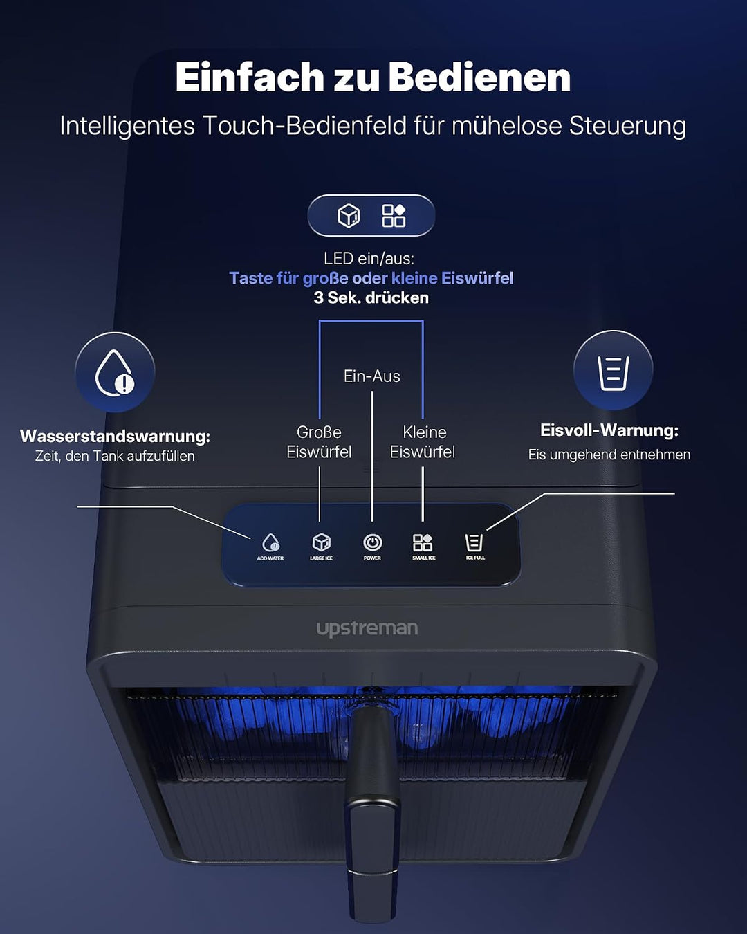 Upstreman Eiswürfelmaschine mit LED, 9 Eiswürfel in 6-8 Min, Eiswürfelmaschine Klein 2 Eisgrössen, D