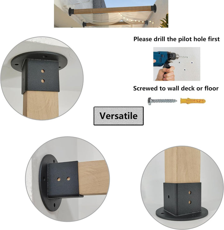 VANROUG 2Pcs 2x2 Square Fence Pole Flange Base Pergola Post Base Brackets kit,Heavy Duty Black Wall