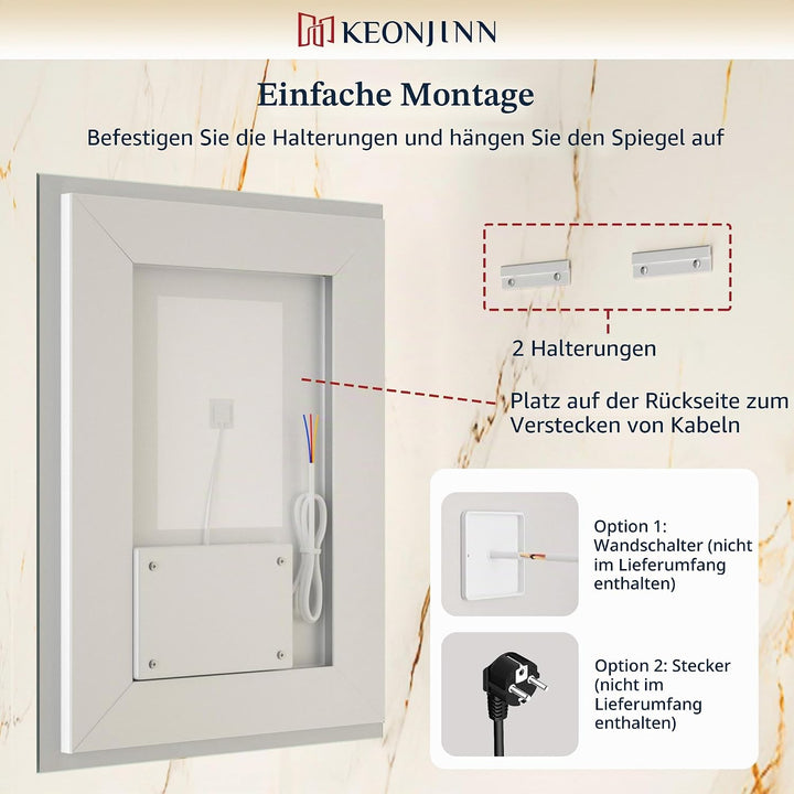 Keonjinn Badspiegel mit Beleuchtung 70x90cm, Badezimmerspiegel Beleuchtet Beschlagfrei Led Bad Spieg