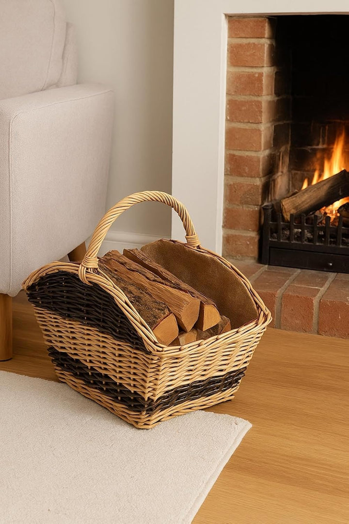 Kobolo Holztrage Holzkorb für Kaminholz - Rattan - mit Jutestoff und Henkel ausgestattet - zweifarbi