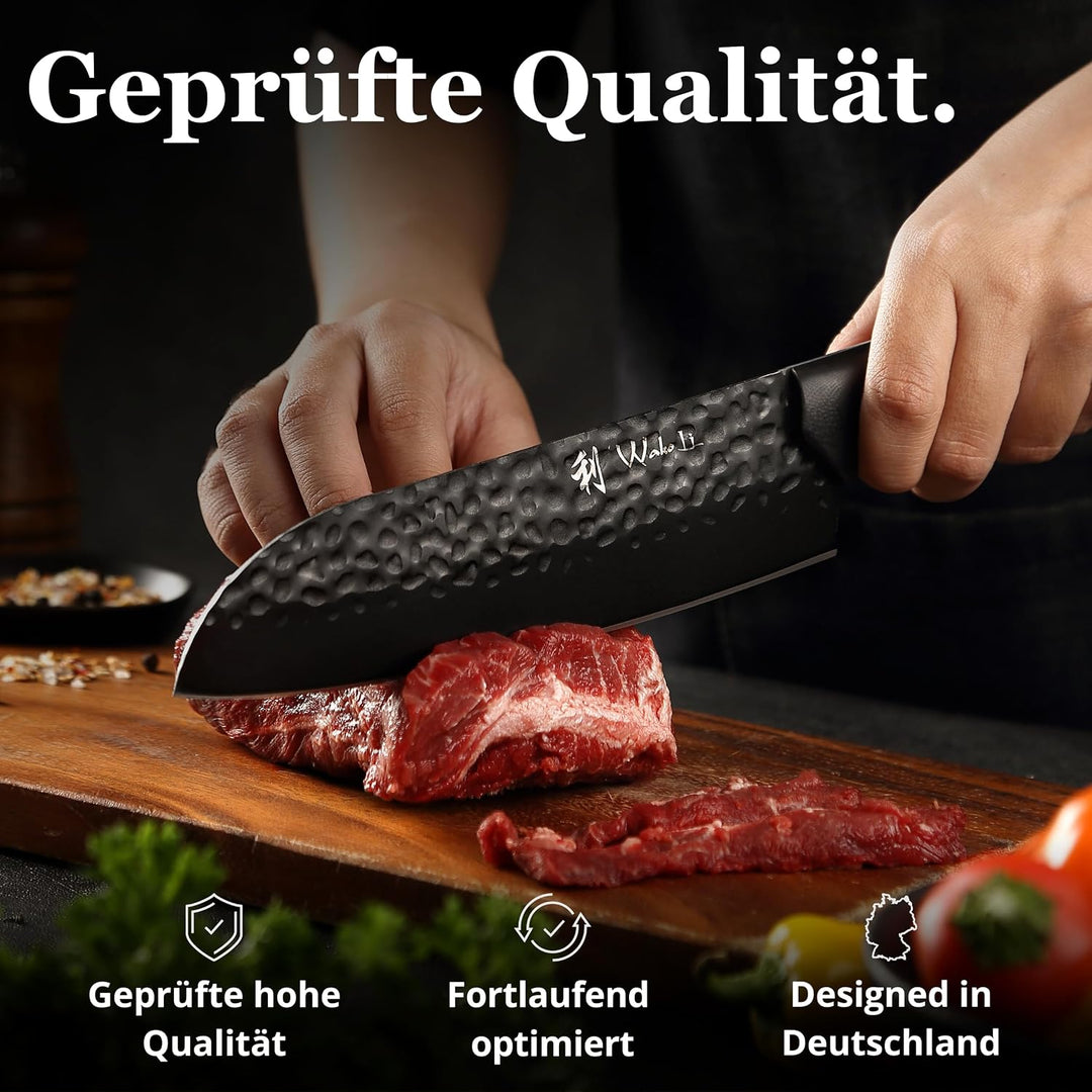 Wakoli Yugen Santokumesser 18 cm | Küchenmesser aus Edelstahl mit G10-Griff | Mattschwarze Titanbesc