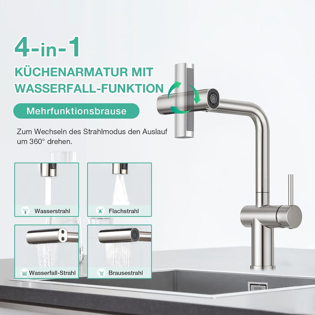 Faustina Küchenarmatur mit 4-Wasserstrahlarten-Brause Ausziehbar, Hochdruck Einhebelmischer Armatur