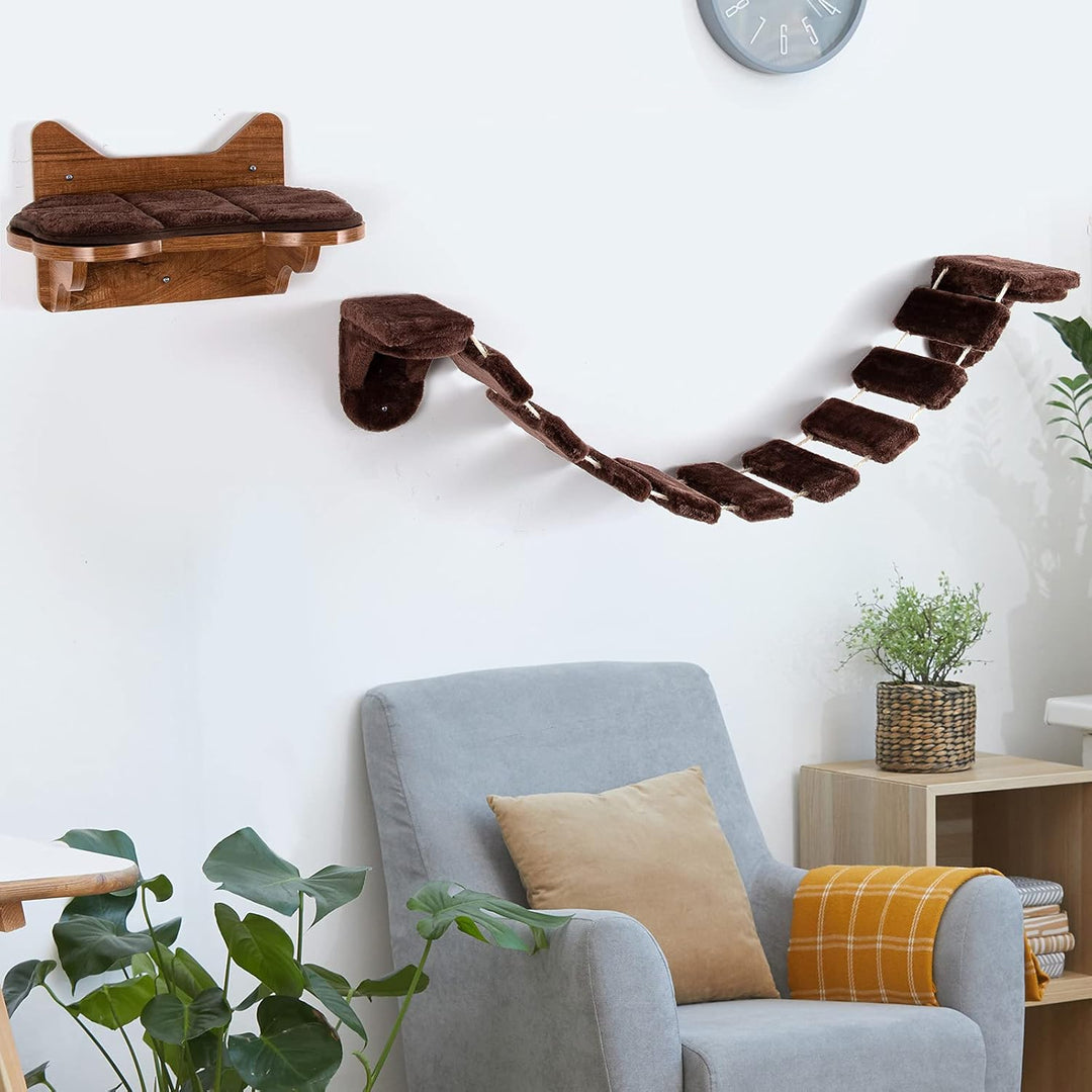 COSTWAY Kletterwand Katzen, 2 in 1 Katzenbrücke und Katzenliege, Katzenhängematte Wand Set, Hängebrü