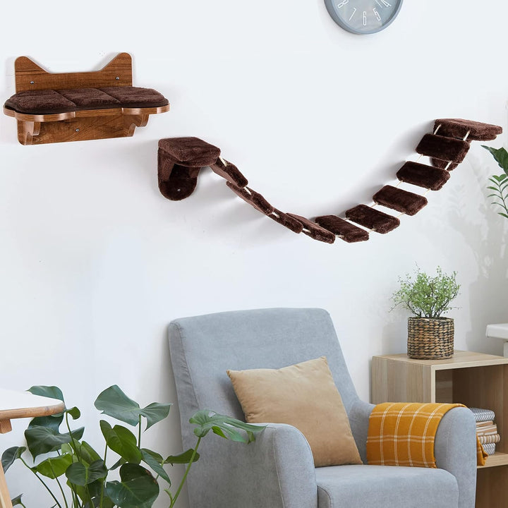 COSTWAY Kletterwand Katzen, 2 in 1 Katzenbrücke und Katzenliege, Katzenhängematte Wand Set, Hängebrü