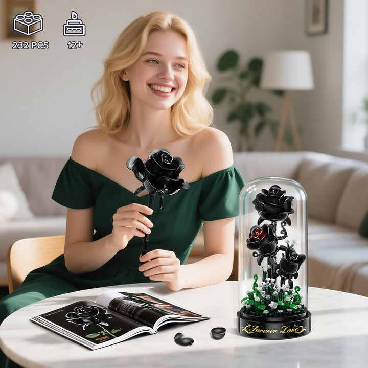 Blumen Rosen Bausatz mit LED Licht, 232 Teile Schwarzer Rosenstrauss, 3.6MM Blumenstrauss Baustein S