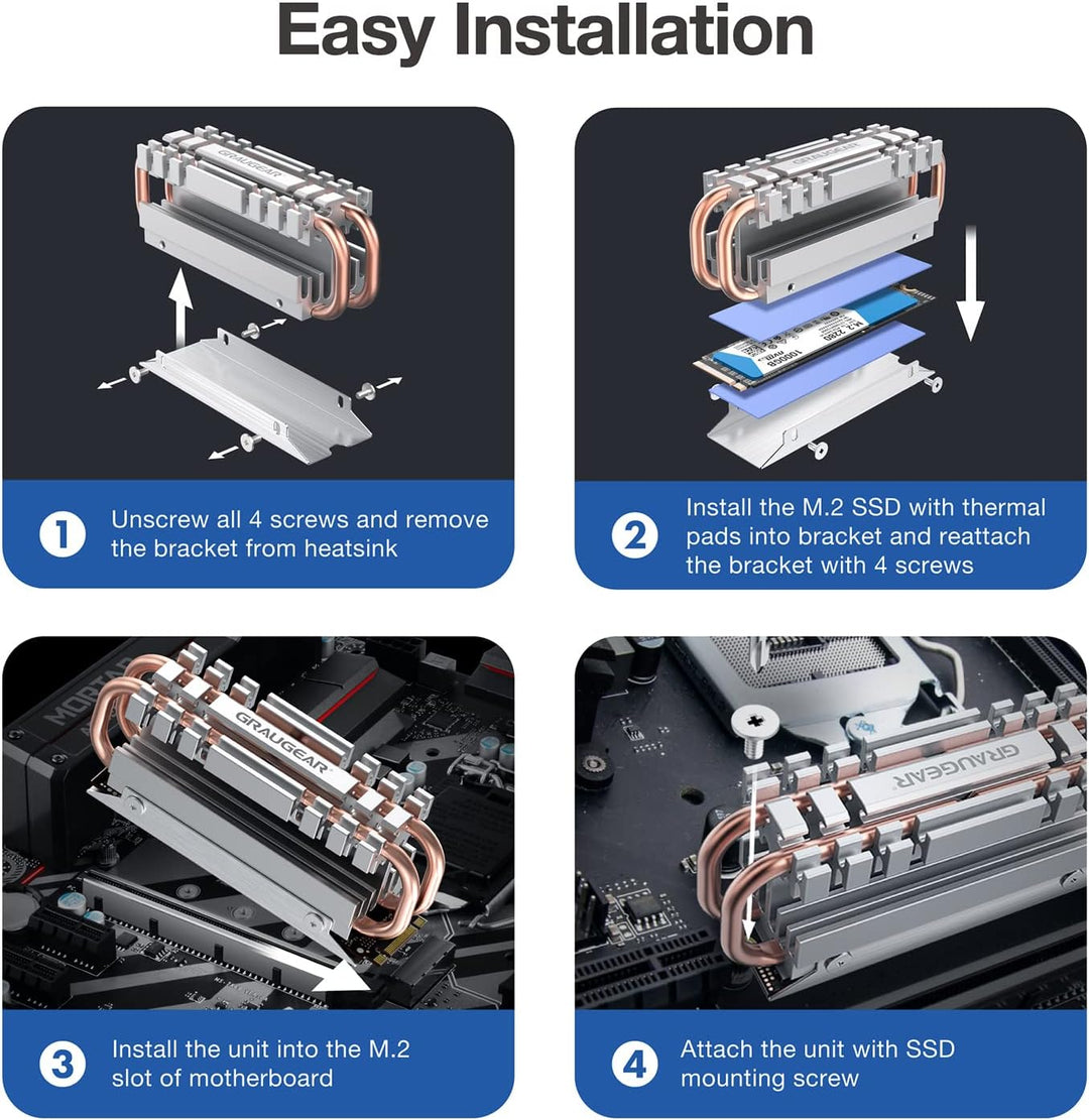 GRAUGEAR M.2 2280 NVMe SATA SSD Kühlkörper, Direct Touch Heatpipe, Dual-Kupfer-Heizrohre, Aluminiuml