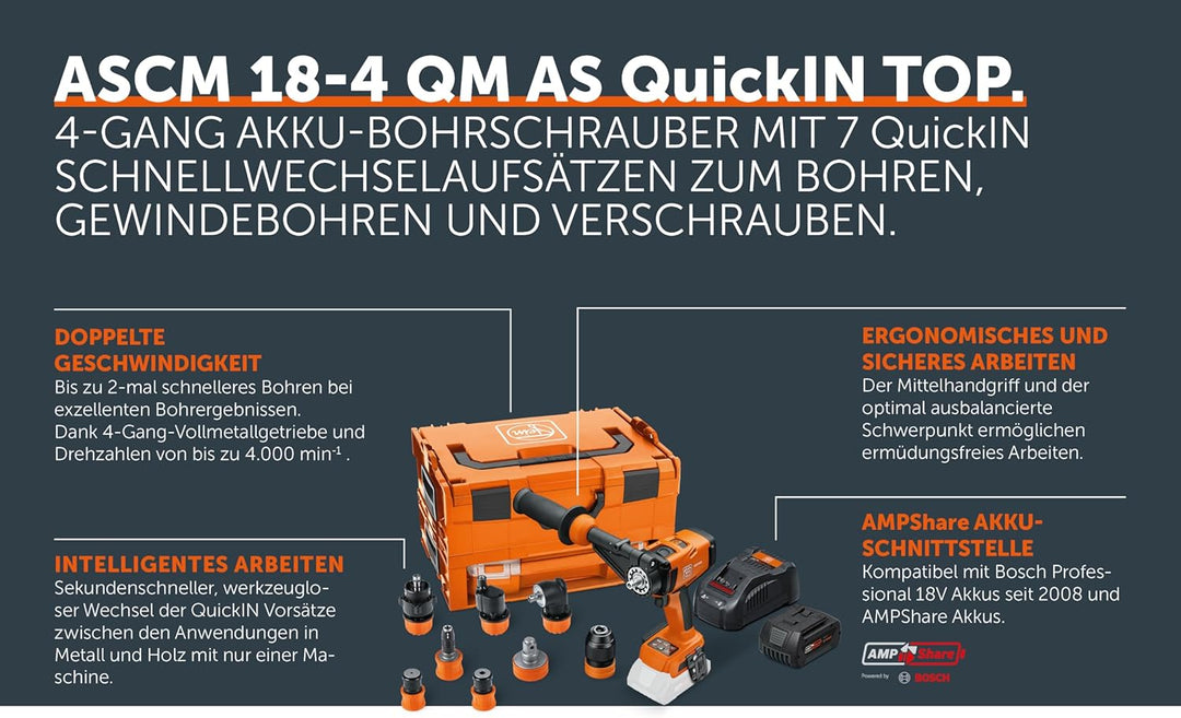 FEIN Akku-Bohrschrauber ASCM18-4 QM AS QuickIN Top Set mit 7 QuickIN Schnellwechselaufsätzen in Koff
