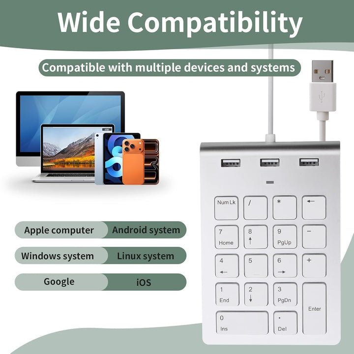 Numpad Wired USB-A Numeric Keypad Wired Numpad mit 3 USB 2.0 Hub Nummernblock Tastatur 18 Tasten 15°