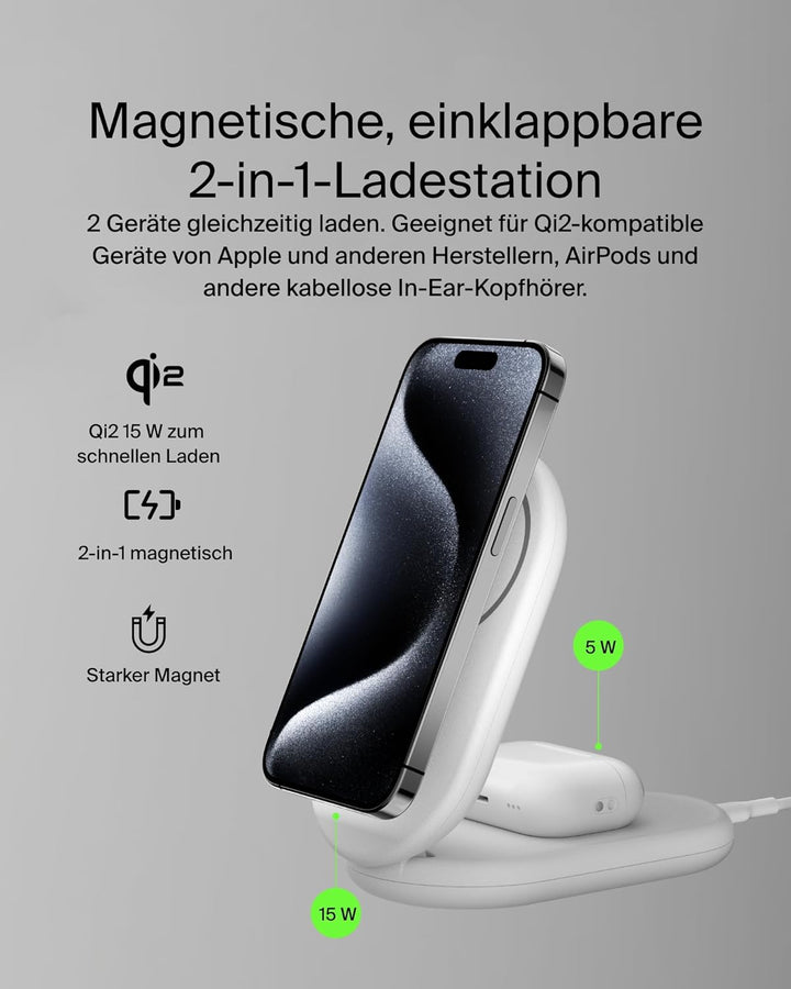 Belkin BoostCharge 2-in-1 magnetisches einklappbares Ladegerät Qi2, MagSafe-kompatibles 15 W, Schnel