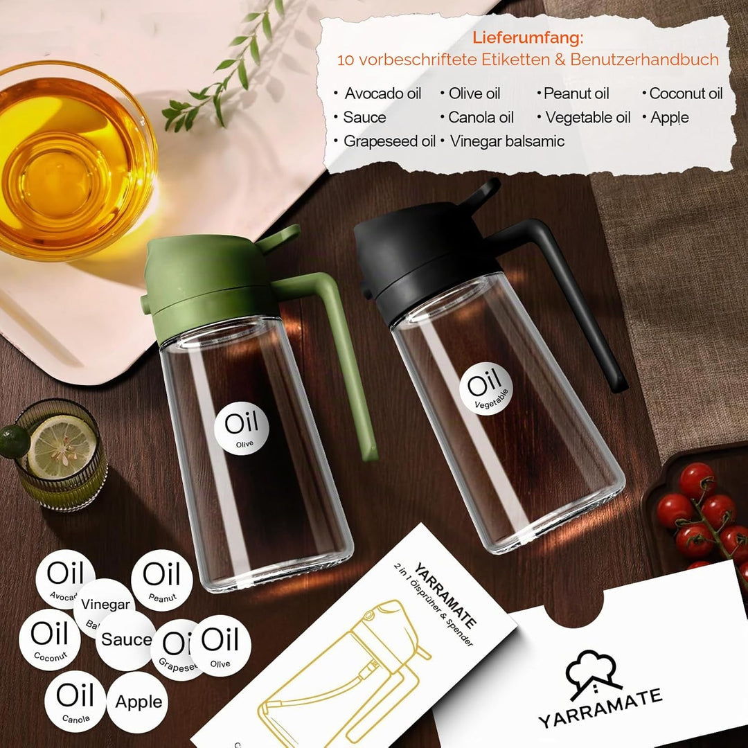YARRAMATE 2 Stück 2 in 1 Ölsprüher für speiseöl, 470ml Öl Sprühflasche lebensmittelecht, Ölspray zum