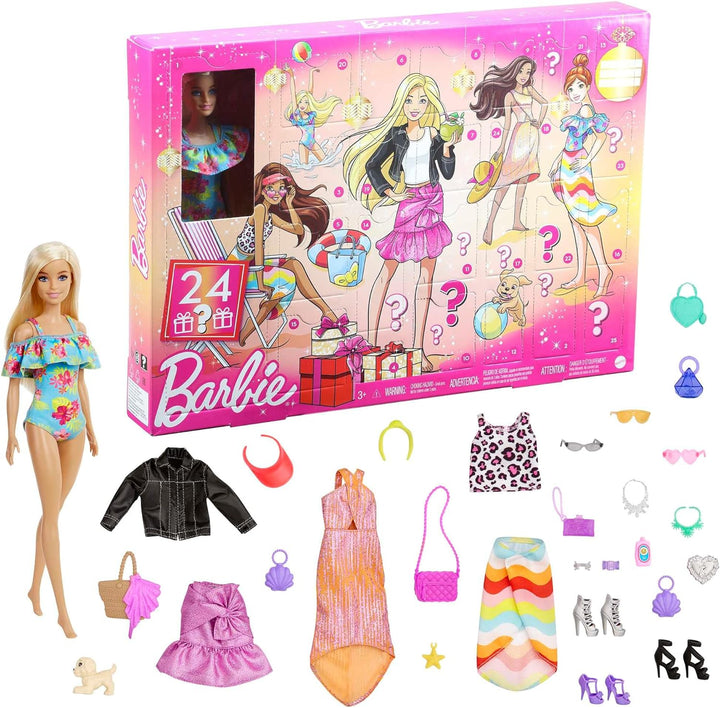 Barbie GYN37 - Adventskalender mit einer Barbie Puppe, 24 Überraschungen, Kleidung und Accessoires f