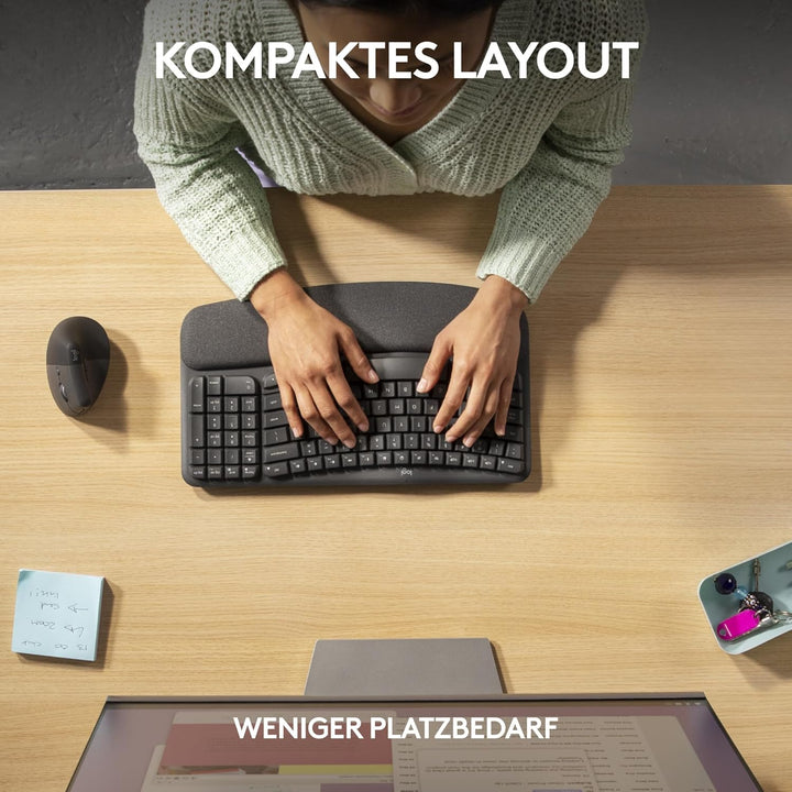 Logitech Wave Keys for Business, kabellose ergonomische Tastatur mit gepolsterter Handballenauflage,