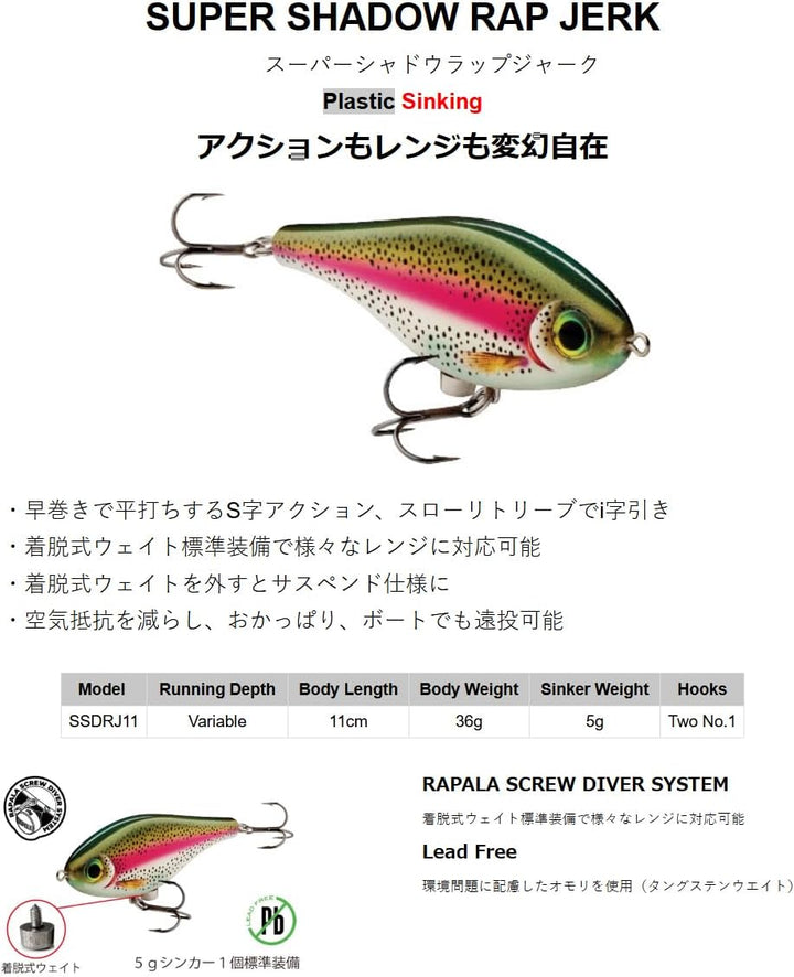 Rapala Super Shadow Rap Jerk 11 FT Jerkbait 11cm/41g SCRR Scale Brosche, 11cm/41g SCRR Scale Brosche