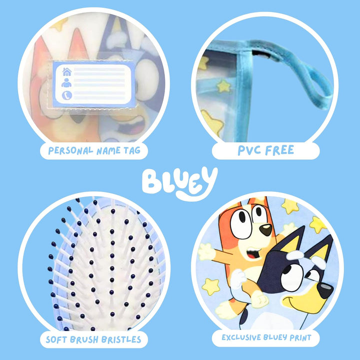 Bluey Kulturbeutel für Kinder, Design Bluey und Bingo Inklusive Haarbürste, Handtuch, Geldbörse, PVC